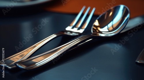 Close up of a fork and spoon on a table. Suitable for food-related projects and restaurant themes