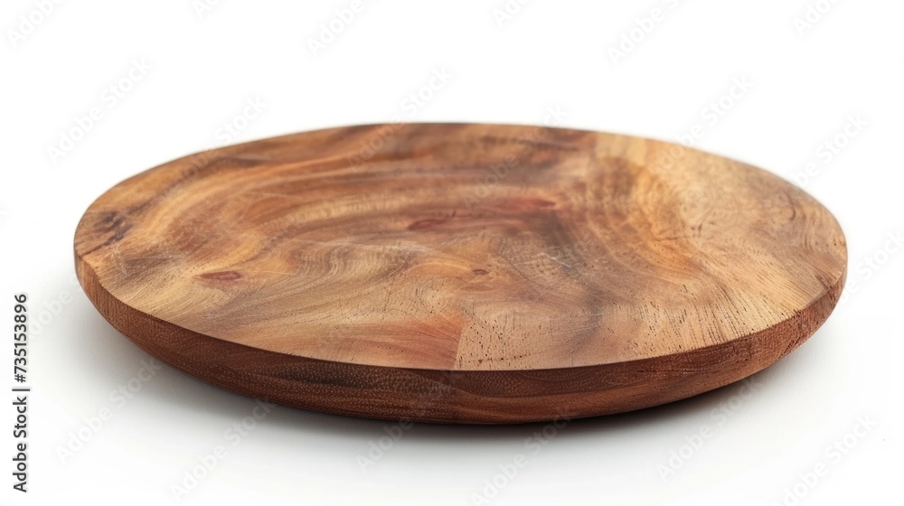 A detailed view of a wooden plate placed on a clean white surface. Perfect for food photography or rustic-themed designs A detailed view of a wooden plate placed on a clean white surface. Perfect for food photography or rustic-themed designs