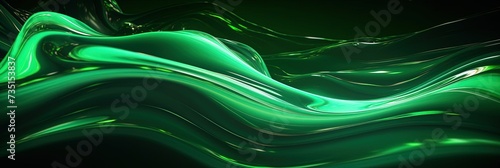 Wide banner of emerald abstract flowing waves with luminous glow and glossy texture photo