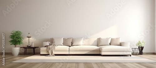 Open space white living room interior with a big rug on dark hardwood floor and a beige corner sofa with cushions. Creative Banner. Copyspace image © HN Works