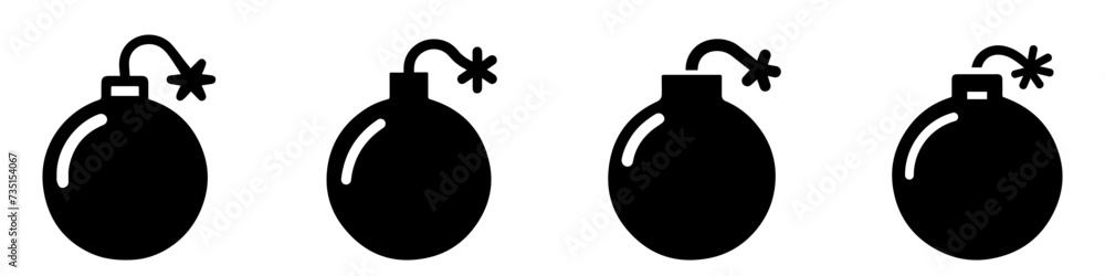 Bomb icon. Set of bomb symbols. Black icon of bomb isolated on white background. Bomb icon. Set of bomb symbols. Black icon of bomb isolated on white background.