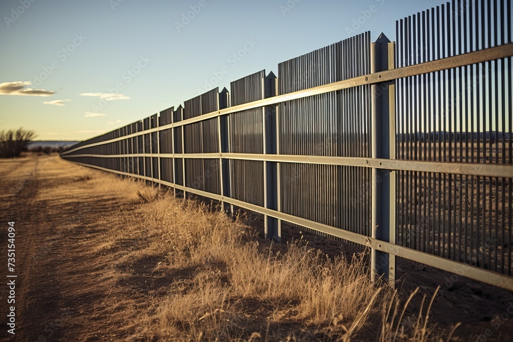 Compelling Usa mexico border view. Crossing metal barrier fence. Generate Ai Compelling Usa mexico border view. Crossing metal barrier fence. Generate Ai