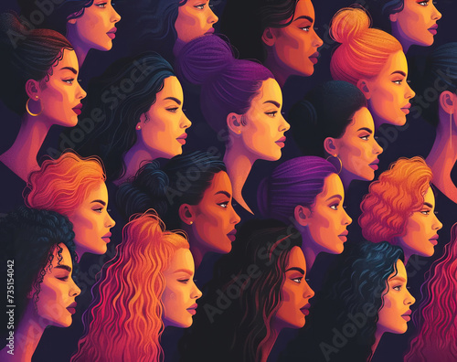 Diversity  freedom and equality with a group of woman together in a crowd or illustration as a poster. Peace  community or human rights with an image of different people and women on a color backdrop
