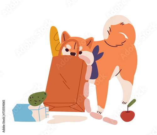 Naughty dog scene. Angry puppy bite package with groceries. Funny domestic animal. Pet with mess and chaos. Social media sticker. Cartoon flat vector illustration isolated on white background