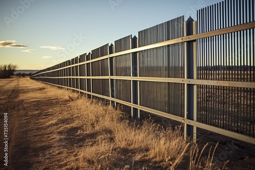 Compelling Usa mexico border view. Crossing metal barrier fence. Generate Ai photo