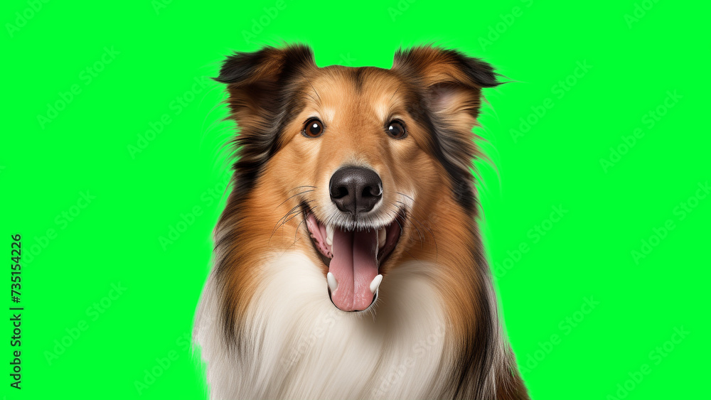 Portrait photo of smiling Rough Collie on green background