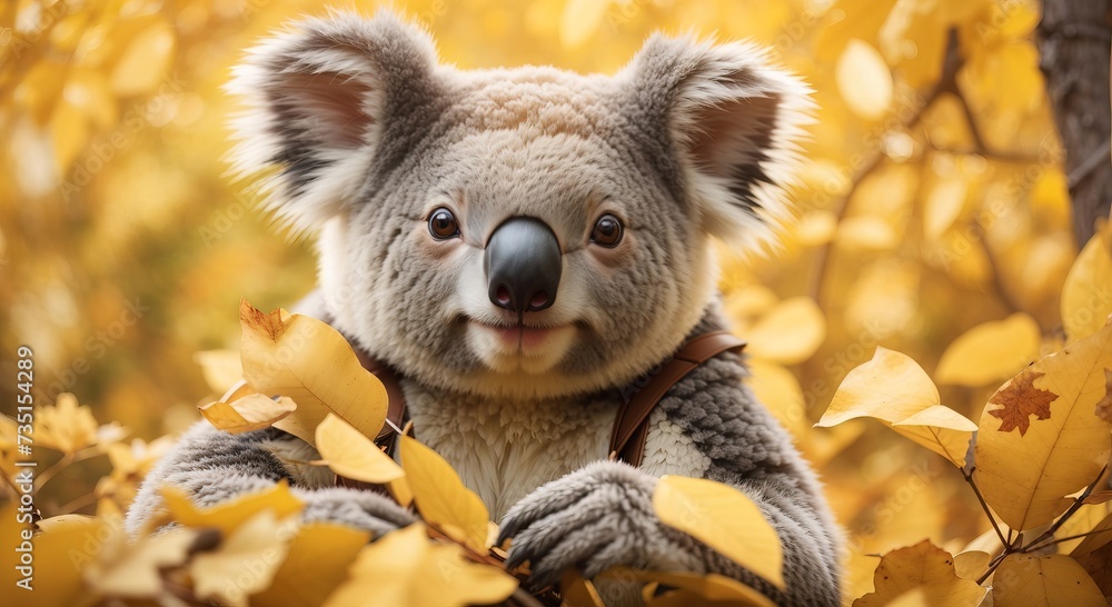 Obraz premium koala playing in yellow autumn leaves