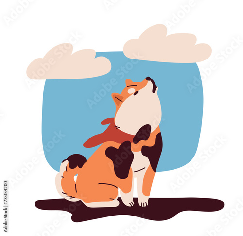 Naughty dog scene. Puppy stay in dirt. Funny domestic animal. Pet with mess and chaos. Animal walk outdoor. Social media sticker. Cartoon flat vector illustration isolated on white background