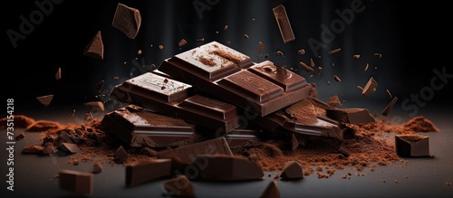 Tablet pieces of dark chocolate on a dark and industrial surface. Creative Banner. Copyspace image