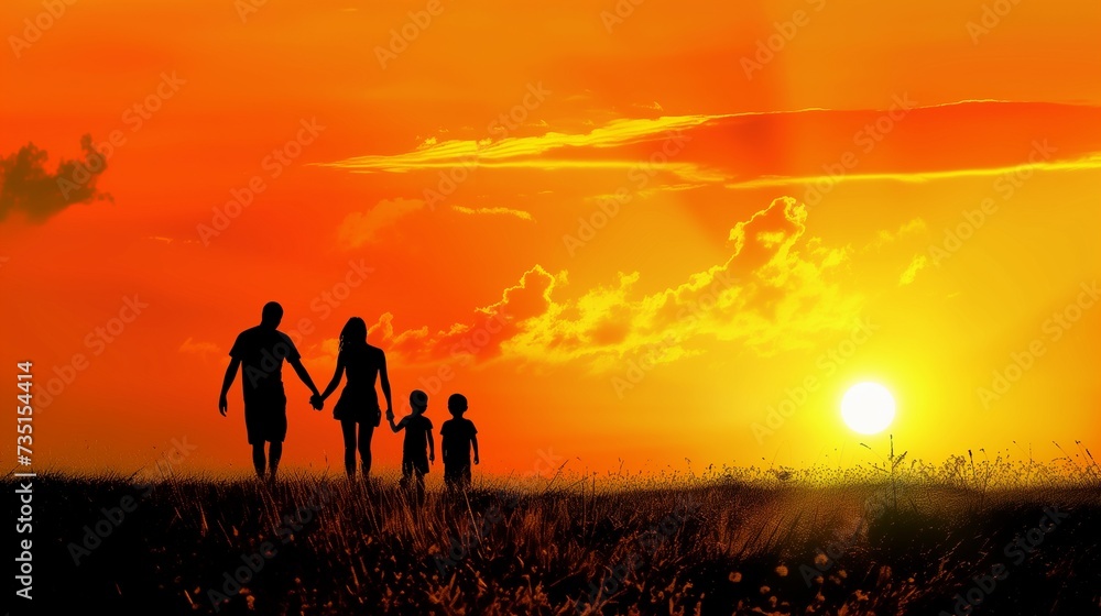 happy family on the sunset. silhouette concept