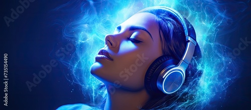 Portrait of woman in headphones listening music with closed eyes Double exposure of female face and light flare isolated on white background Digital art Blue neon light Free space for text