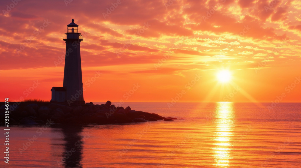 The silhouette of a lighthouse stands strong against the rosy hues of a sunset.