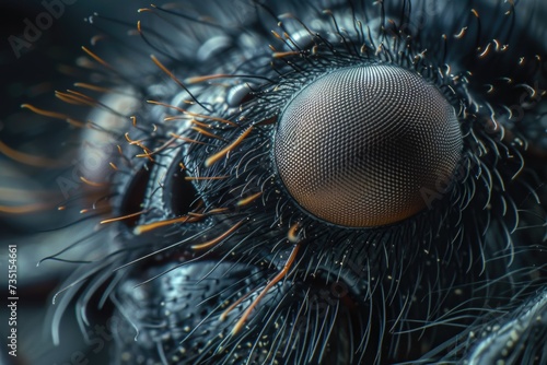 A detailed close-up view of a fly's compound eye. This image can be used to illustrate insect anatomy or as a background for scientific presentations