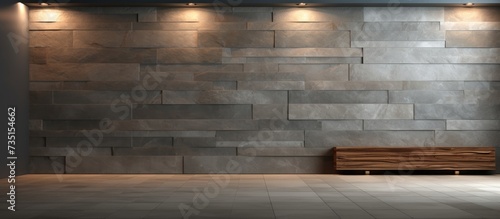 modern studio interior with decorative stone walls in grey stone wood tiles and led lighting in the design of the room. Creative Banner. Copyspace image photo