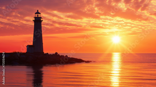 The silhouette of a lighthouse stands strong against the rosy hues of a sunset.