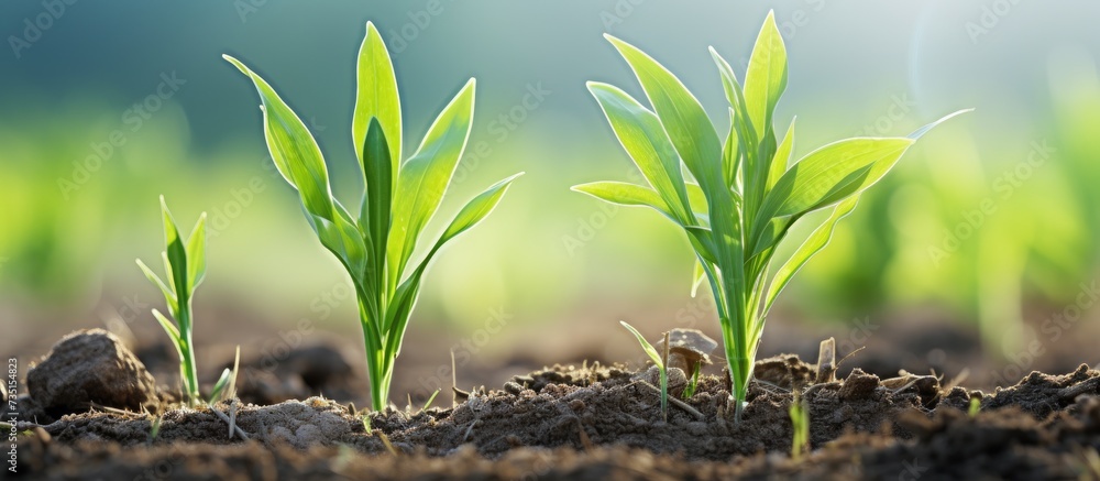 Obraz premium maize corn seedling in the agricultural plantation in the evening Young green cereal plant growing in the cornfield animal feed agricultural industry. Creative Banner. Copyspace image