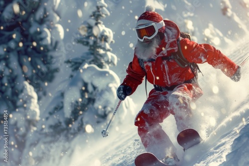 A man wearing a red jacket skiing down a hill. Suitable for winter sports and outdoor activities