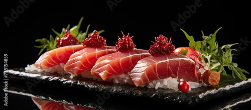 Maguro nigiri sushi or tuna nigirizushi with toppings of fresh fish Nigiri sushi with rice and tuna on black. Creative Banner. Copyspace image photo