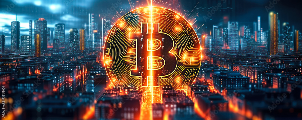 Vibrant Bitcoin symbol rising from a futuristic cityscape, representing the surge of cryptocurrency in digital economy and blockchain technology Vibrant Bitcoin symbol rising from a futuristic cityscape, representing the surge of cryptocurrency in digital economy and blockchain technology