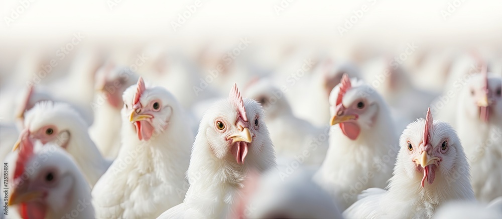 Poultry broiler farm business with group of white chickens in parent stock modern housing farm. Creative Banner. Copyspace image - obrazy, fototapety, plakaty 