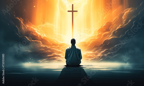 Silhouette of a man kneeling in prayer before a glowing cross, surrounded by ethereal light and abstract elements, depicting faith, worship, and spirituality