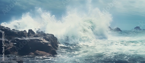 The waves breaking on a stony beach forming a spray. Creative Banner. Copyspace image