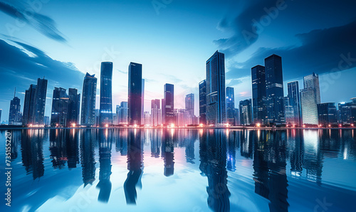 Reflective Waterfront Panorama of Modern City Skyline with Skyscrapers and Bright Blue Sky at Dusk  Urban Architecture and Futuristic Metropolitan Cityscape Concept