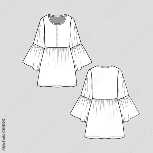Bell Sleeve dress Henley neck button panel placket Waist Gathering  ruffle sleeve Fashion  flat sketch design Drawing template