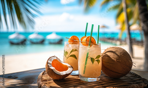 Refreshing summer drinks on a tropical beach table with coconut and orange cocktail against a serene ocean backdrop, encapsulating the essence of relaxation and vacation joy