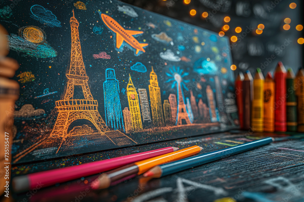Traveling around the world. Chalks drawing styled travel banner. Flying airplane and tourist attractions drawn on the chalkboard. - obrazy, fototapety, plakaty 