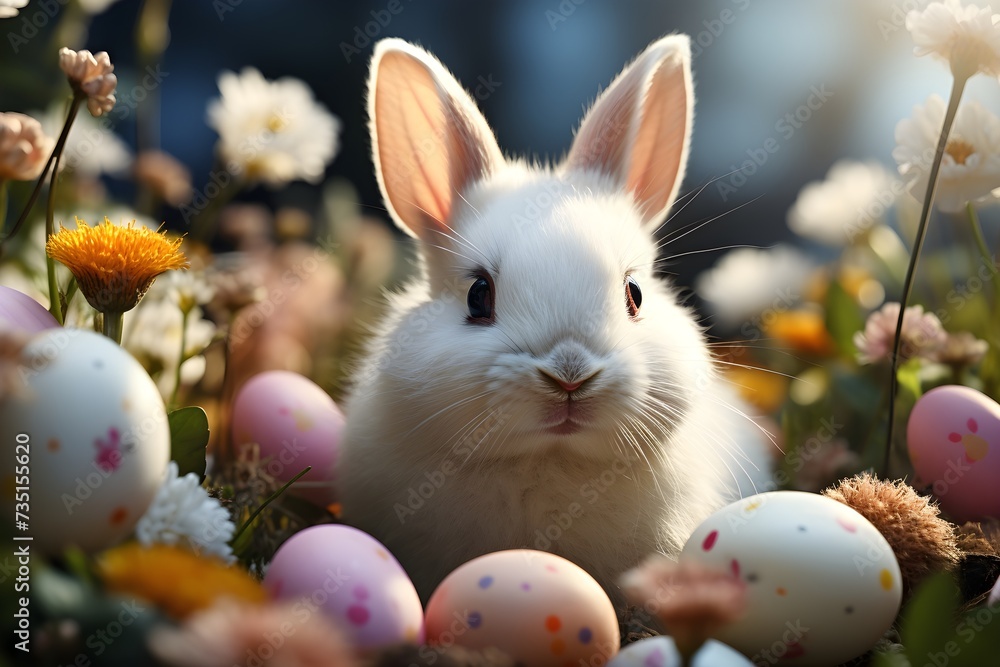 Hermoso conejo blanco rodeado de flores silvestres y huevos color rosa pastel y blanco en un dia soleado. Conejo de pascua con huevos. Hermoso conejo blanco rodeado de flores silvestres y huevos color rosa pastel y blanco en un dia soleado. Conejo de pascua con huevos.