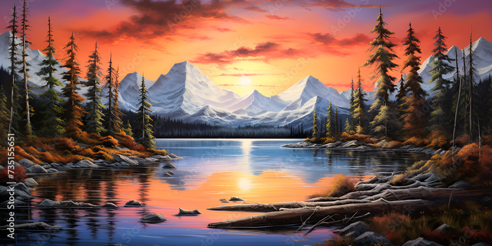 Serene Horizons A Majestic Mountain Landscape Embraced by Sunset with vibrant hues painting the sky .