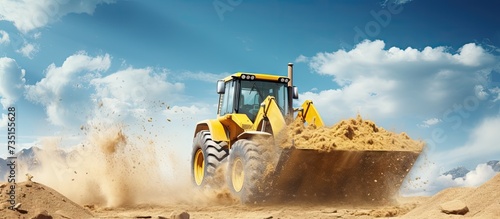 Powerful wheel loader or bulldozer working on a quarry or construction site Loader with a full bucket of sand against the sky Powerful modern equipment for earthworks. Creative Banner