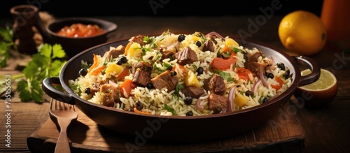 Middle Eastern food culture Turkish cuisine type of pilaf pilaf with meat and vegetables Turkish name Maklube. Creative Banner. Copyspace image photo