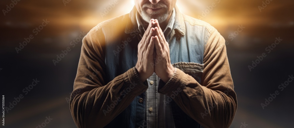 Praying hands together and woman in faith religion and hope for career ...