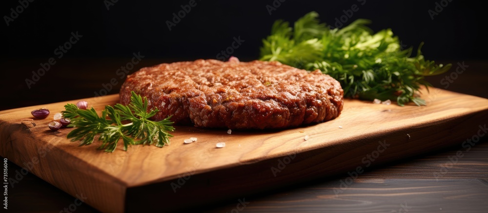 Raw cutlet of minced meat on a wooden cutting board. Creative Banner. Copyspace image Raw cutlet of minced meat on a wooden cutting board. Creative Banner. Copyspace image