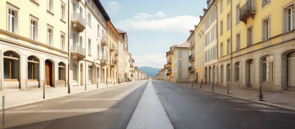 Perfectly symmetrical view of empty street in Grenoble Tramlines between two buildings with a beige house on the backdrop Grey sky and minimum details create an urban atmosphere. Creative Banner