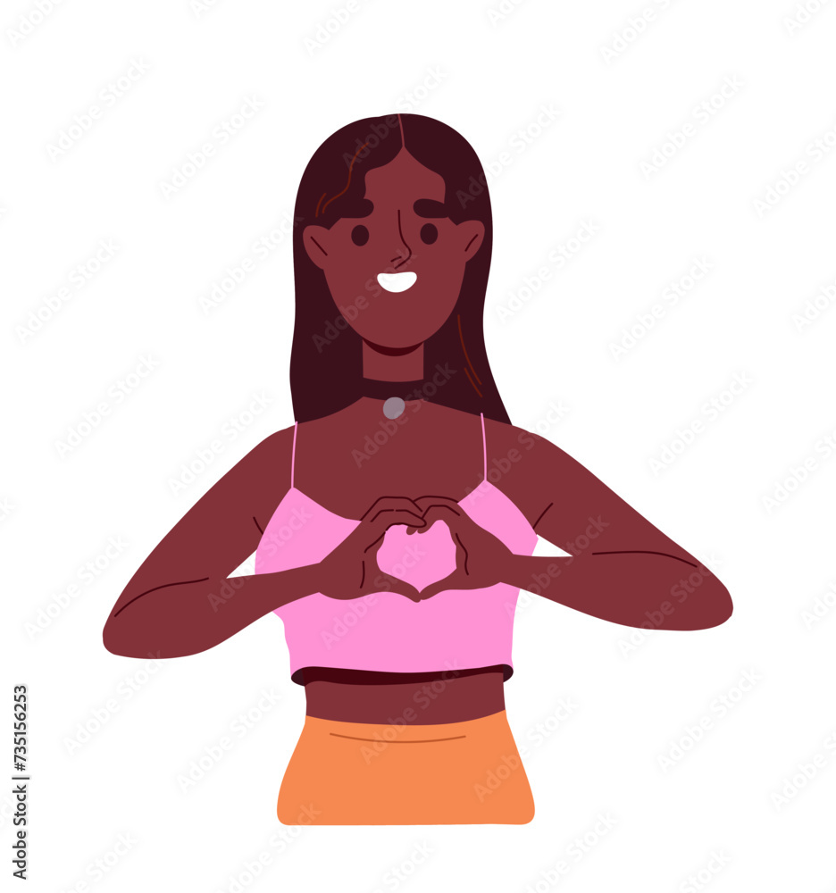 Nice adorable girl concept. Cute woman showing heart from fingers. Positivity and optimism. Graphic element for website. Cartoon flat vector illustration isolated on white background