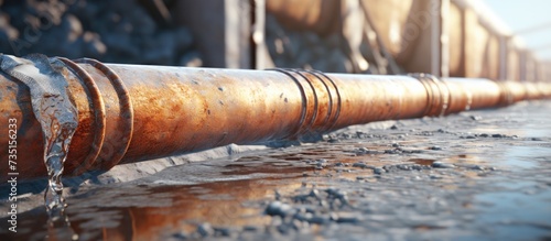 Rusty water tank pipe with small icicle. Creative Banner. Copyspace image