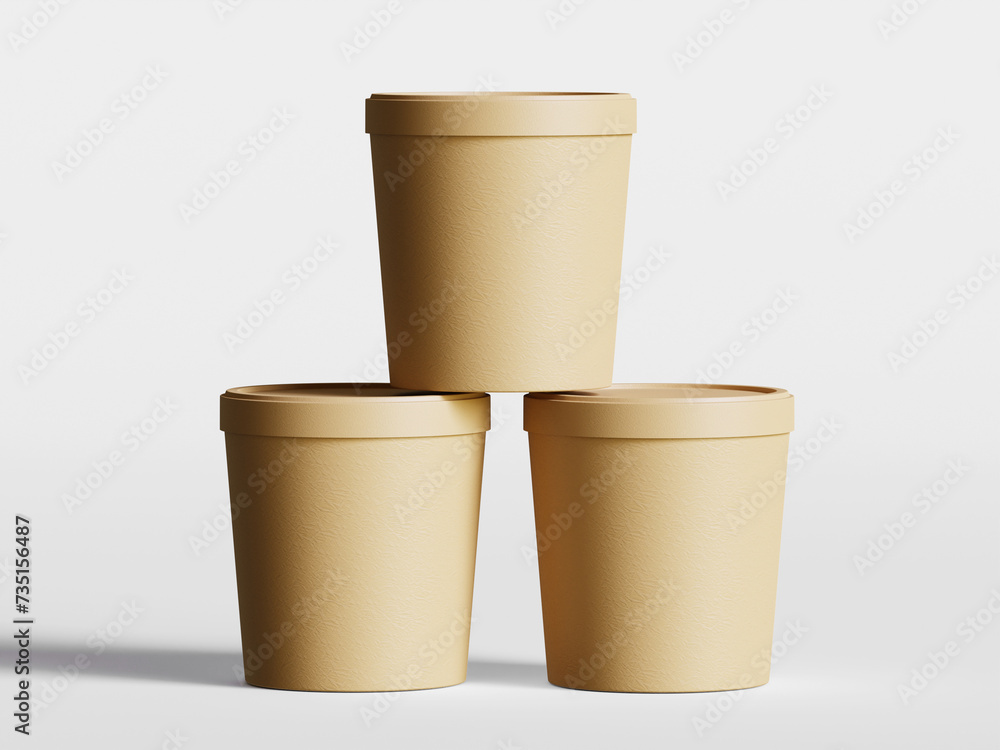 Ice cream craft paper container package 3D render. 3d realistic blank paper yogurt. Frozen gelato dessert eco recycle packing design Ice cream craft paper container package 3D render. 3d realistic blank paper yogurt. Frozen gelato dessert eco recycle packing design