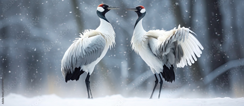 Fototapeta premium Snow crane dance in nature Wildlife scene from snowy nature Cold winter Snowfall two Red crowned crane in snow meadow with snow storm Hokkaido Japan Crane pair winter scene with snowflakes