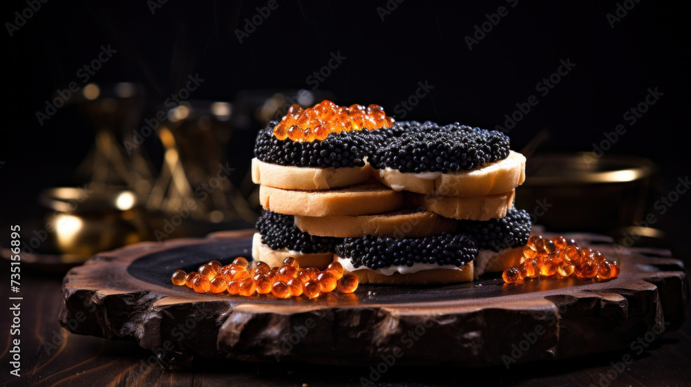 Black caviar served on crackers with salmon and cream cheese. - obrazy, fototapety, plakaty 