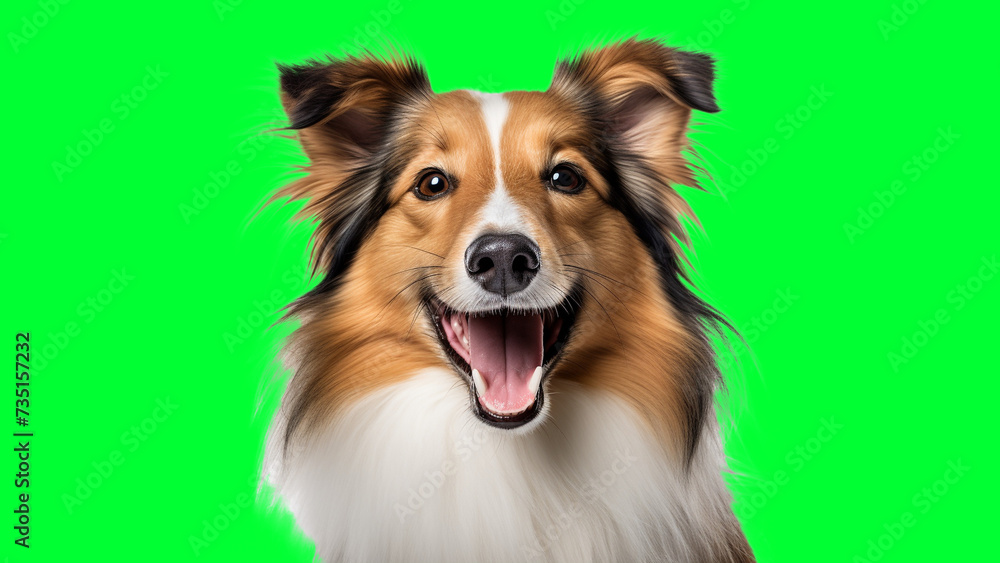 Portrait photo of smiling Sheltie on green background
