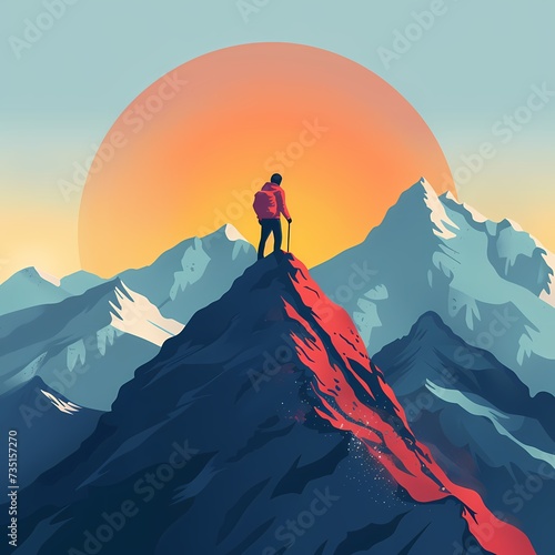 Adventurous Hiker Conquering the Mountain at Sunset