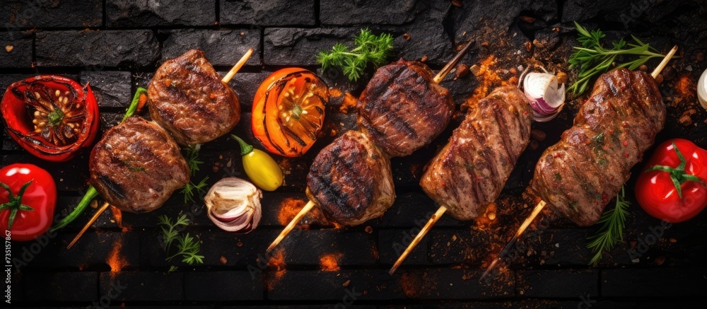 minced meat cutlet burgers on a BBQ grill steel grilled meat burger mix kebab meat Kebab adana chicken lamb and beef banner menu recipe place for text top view. Creative Banner. Copyspace image - obrazy, fototapety, plakaty 