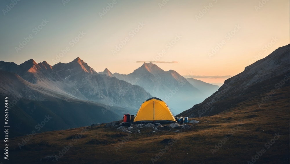 Camping on the top of a mountain at sunset. Trekking in the mountains