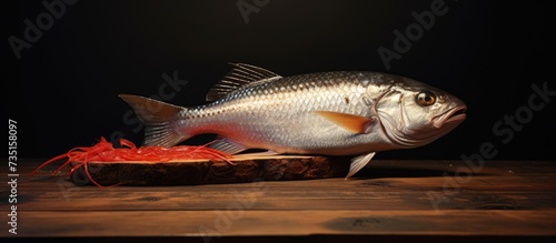 Selective Focus of Fresh Seer Fish King Fish decorated with herbs and vegetables on a Black wooden pad. Creative Banner. Copyspace image photo