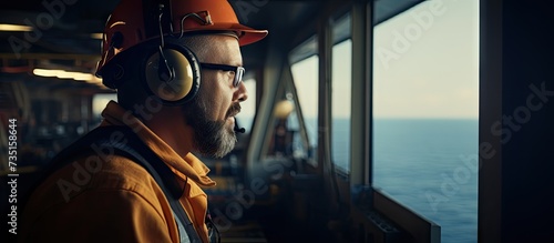 Marine Deck Officer or Chief mate on deck of offshore vessel or ship wearing PPE personal protective equipment helmet coverall He is giving orders to deck crew by radio. Creative Banner photo