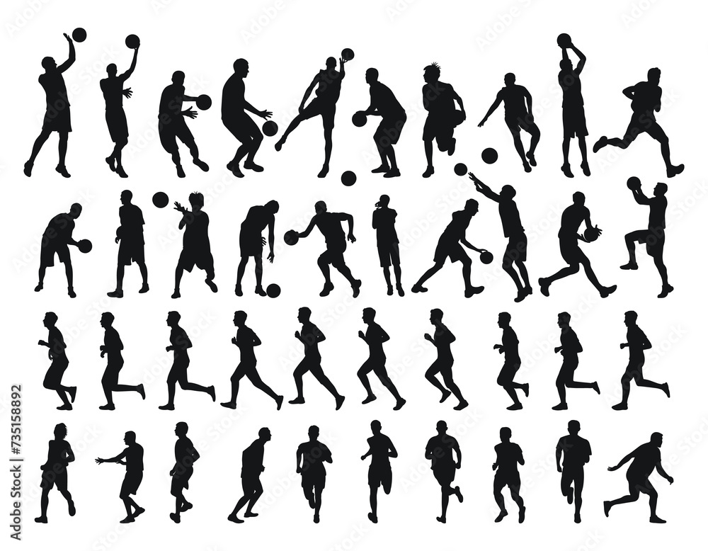 Naklejka premium Large collection of male basketball players silhouettes, athletes runners. Basketball, athletics, running, cross, sprinting, jogging