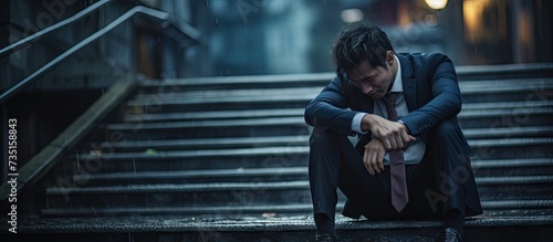 Young business man crying abandoned lost in depression sitting on ground street concrete stairs suffering emotional pain sadness looking sick in grunge lighting. Creative Banner. Copyspace image